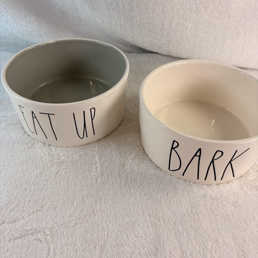 Rae Dunn Dog Bowl Set 6" BARK (White) & EAT UP (Gray) Ceramic Dishes Farmhouse